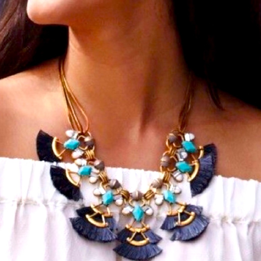 Stella & Dot | Vintage Gold, Turquoise + Black Lotus Tassel Statement Ne⦠- Picture 4 of 10